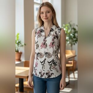 Liz Claiborne White Paisley June Top Sleeveless Green Preppy Summer Slim Fit